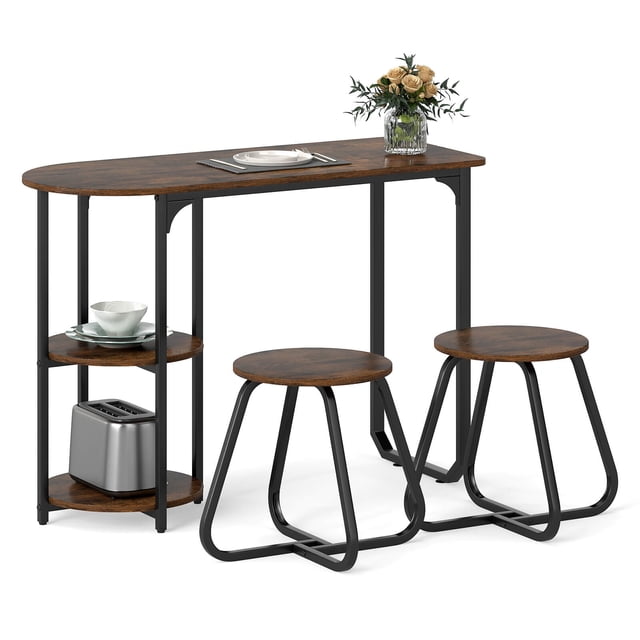 Costway 3 PCS Dining Table Set, Wooden Metal Kitchen Table & 2 Stools with Storage Shelves Rustic Brown+Black