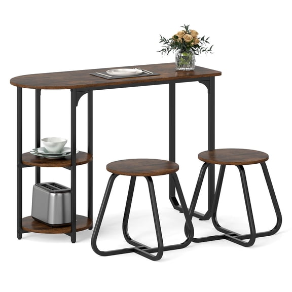 Costway 3 PCS Dining Table Set, Wooden Metal Kitchen Table & 2 Stools with Storage Shelves Rustic Brown Black