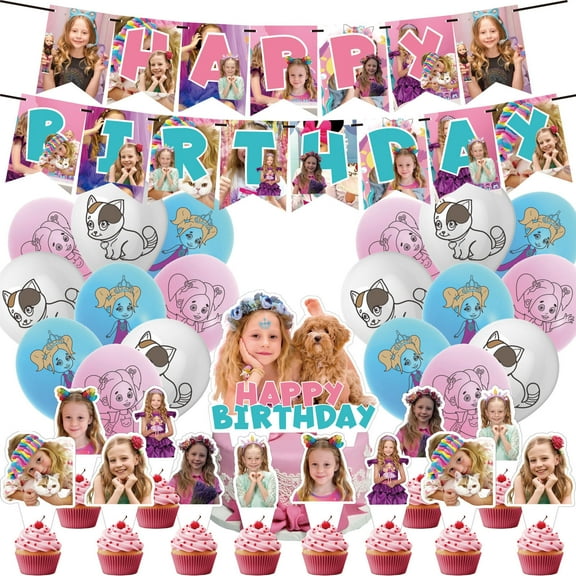 32 Pcs For Like Nastya Theme Birthday Party Decorations and Supplies Set – Includes 1 Banner, 12 Cupcake Toppers, 1 Cake Topper, and 18 Balloons for Festive Celebrations