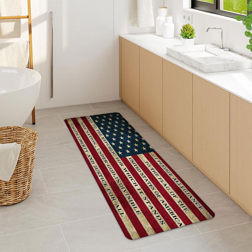 American Flag Bathroom Rug Mat, Patriotic Non-Slip Bath Carpet Independence Day Bathroom Rugs , 4th July Independence Day Waterproof Non-Slip Bath Carpet, Rustic Red Blue White(17"X48")