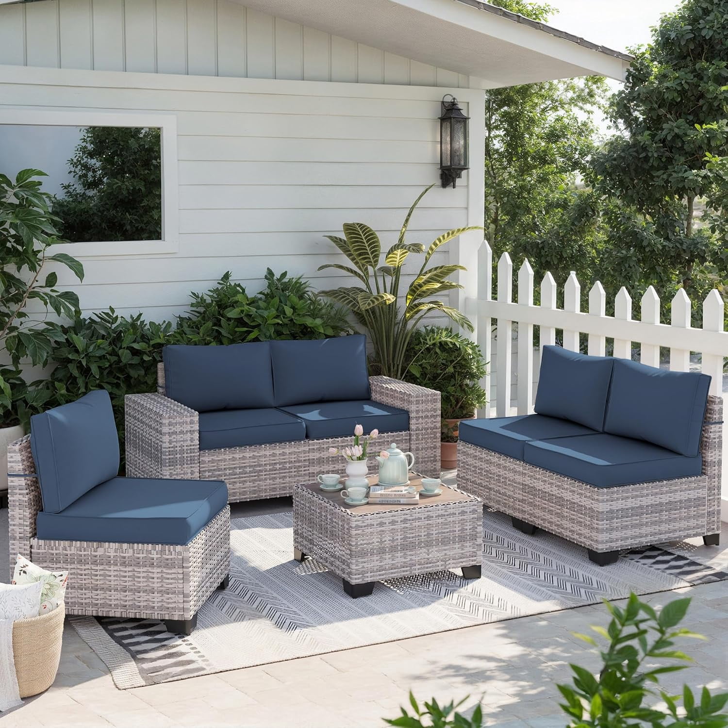 6-Piece Outdoor Patio Furniture Set, PE Wicker Rattan Sectional Sofa Conversation Set with Tempered Glass Table & Thick Cushions - All-Weather Garden, Backyard Furniture,Navy Blue