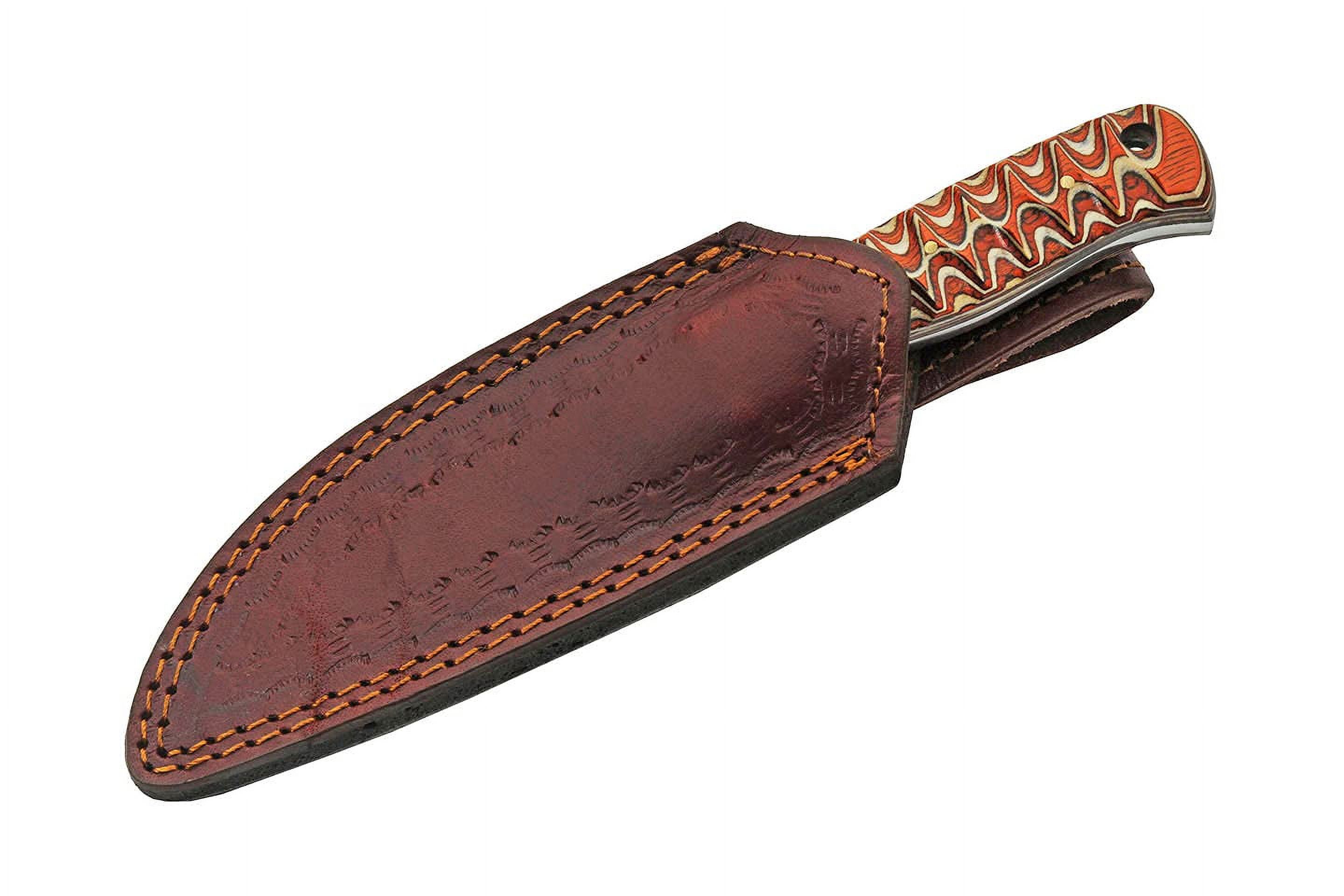 SZCO Supplies 8" Damascus Steel Fixed Blade Outdoor Knife with Twisted Orange Wood Handle and Leather Sheath