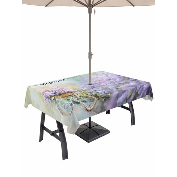 52x70 Inch Outdoor Tablecloth with Umbrella Hole Zipper Rectangle Purple Lavender Rectangular Tablecloths Outside Waterproof Spring Leaves Bike Farm Country Garden Patio Table Cover for Picnic Party