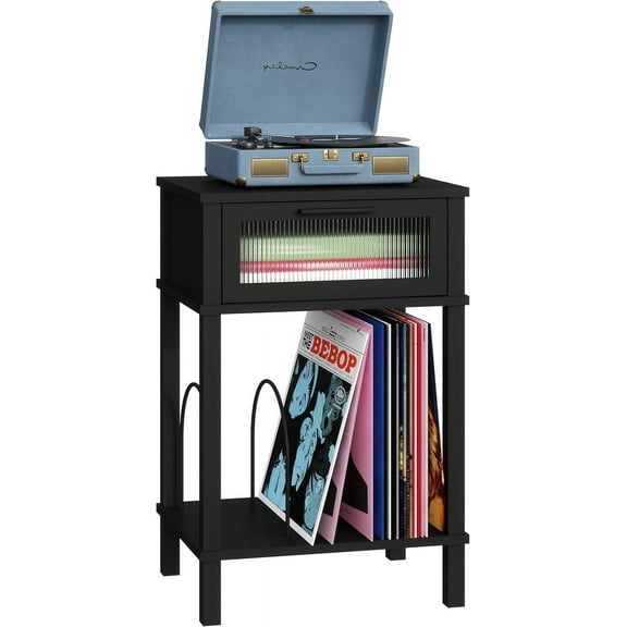 End Table Black, 2 Tier Record Player Stand with Storage, Side Table with Record Holder Up to 100 Albums, Turntable Stand for Vinyl,Records Shelf for Living Room Bedroom nightstand