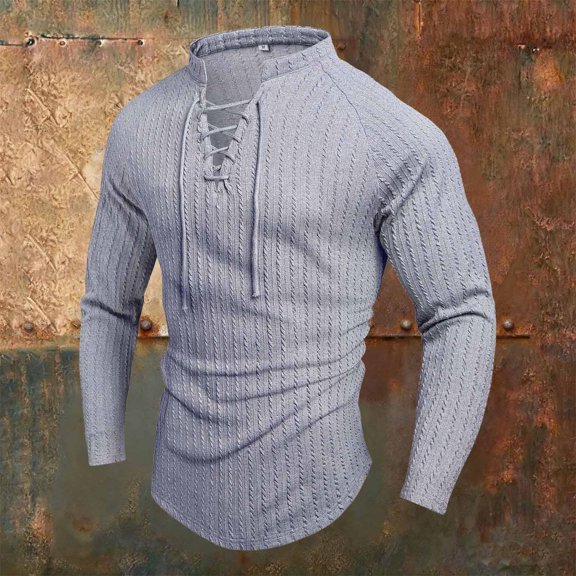 Men's Henley Shirts Long Sleeve Button T-Shirt Casual V Neck Solid Color Pullover Shirt With Pocket Grey M