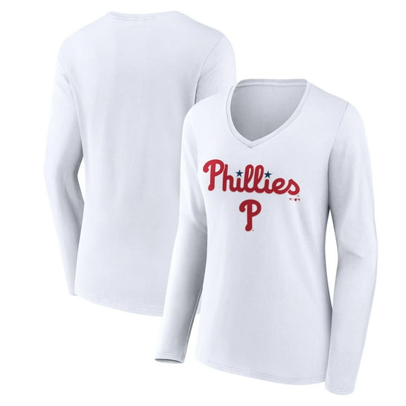 Women's White Philadelphia Phillies Team Lockup Long Sleeve V-Neck T-Shirt