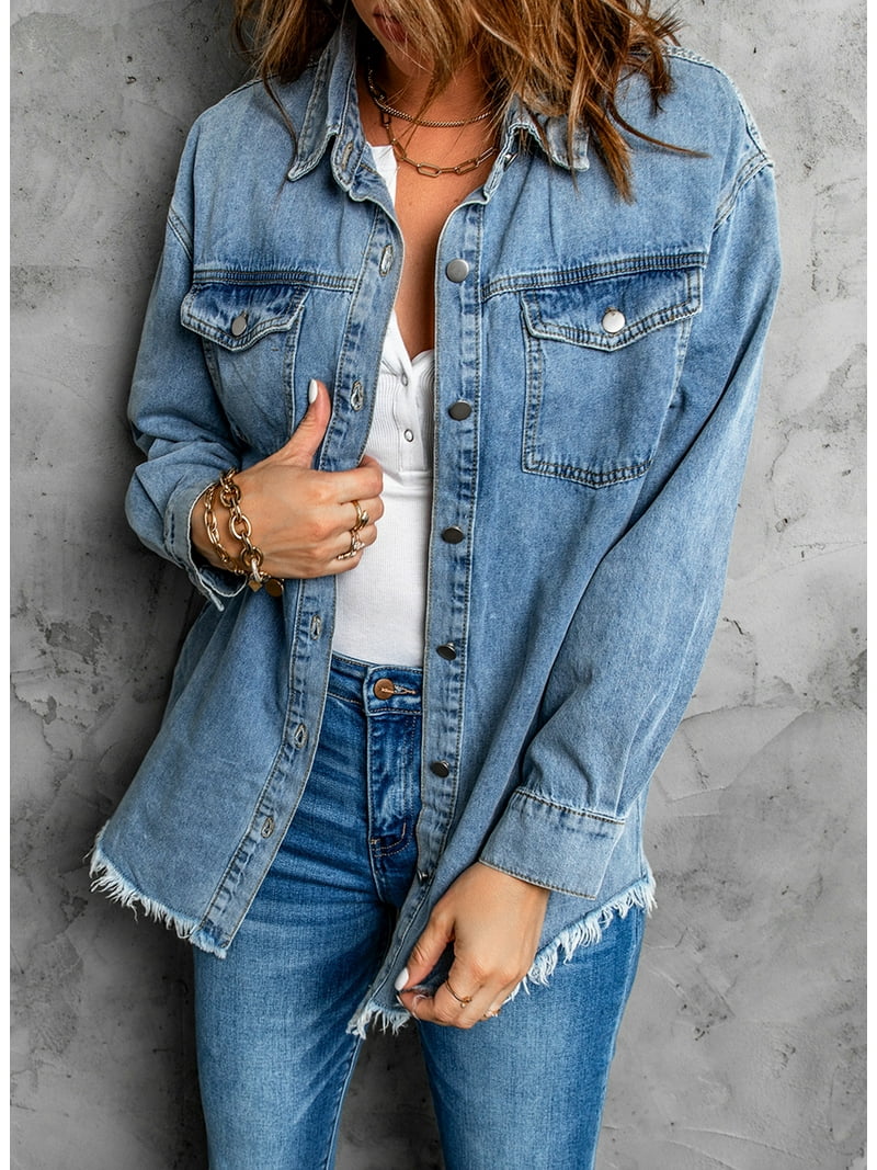 Eytino Women's Plus Size Long Sleeve Loose Denim Jacket Sky Blue