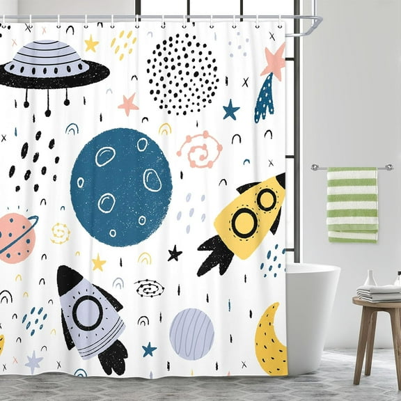Space Shower Curtain for Kids, Cartoon Planet Galaxy Shower Curtain Set for Bathroom, Waterproof Galaxy Universe Kids Shower Curtain Bathroom Decor Accessories,70X70IN