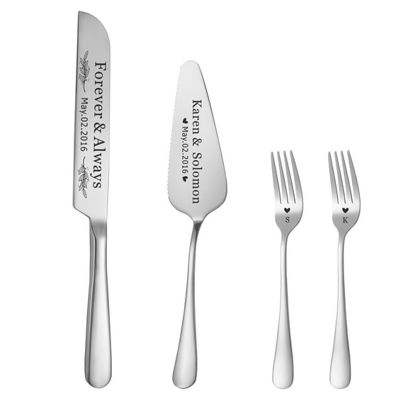 Personalized Wedding Cake Knife and Server Set, Stainless Steel Cake Cutting Set for Wedding, Silver Cake Knife Set with Forks Laser Engraved Your Text