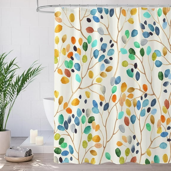 Boho Floral Shower Curtain for Bathroom, Colorful Leaves Fabric Shower Curtain, Abstract Watercolor Cute Botanical Decorative Shower Curtain Set with Hooks, 72x72