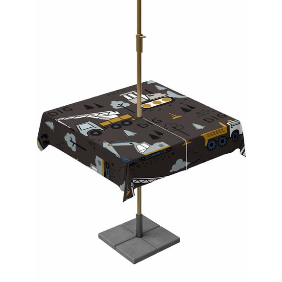 Outdoor Tablecloth with Umbrella Hole for Patio/Picnic/Party/Camping, Cartoon Tractor Waterproof Table Cloth Square Cover Washable, Cute Grey Digger Shovel Truck Car Black (60"x 60")