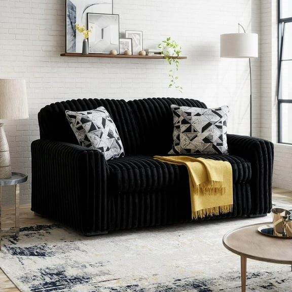 Roundhill Furniture Solenne Oversized Modern Loveseat with Jumbo Corduroy Upholstery, Reversible Cushions, and Two Accent Pillows, Black