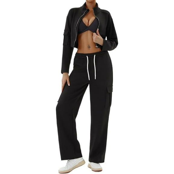 Women's 2 Piece Outfits Sweatsuit Sets Crop Zip Up Sweatshirt Jacket Drawstring Pant Fall Casual Tracksuit