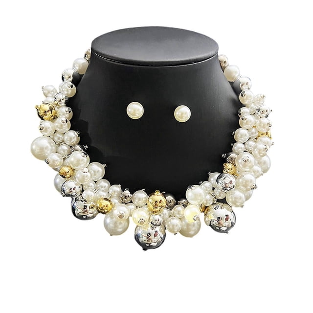 Stylish Artificial Pearls Necklace Earrings Set Ergonomic Design Breathable Comfort Contemporary Fashion Accessory Multicolor
