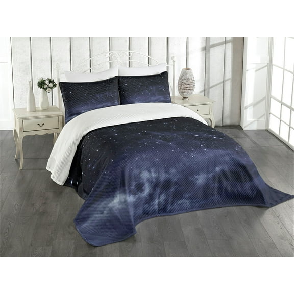 Ambesonne Night Quilted Bedspread Set 3 Pcs, Ethereal Galactic View, King Size, Dark Blue White