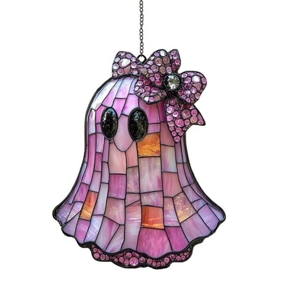MOQIN Halloween Acrylic Pink Ghost Window Hanging Decor - Stained Glass Style Suncatcher, Cute Girly Art for Family, Kids Room, Fall Seasonal Display, Indoor Halloween Home Decor, 6"
