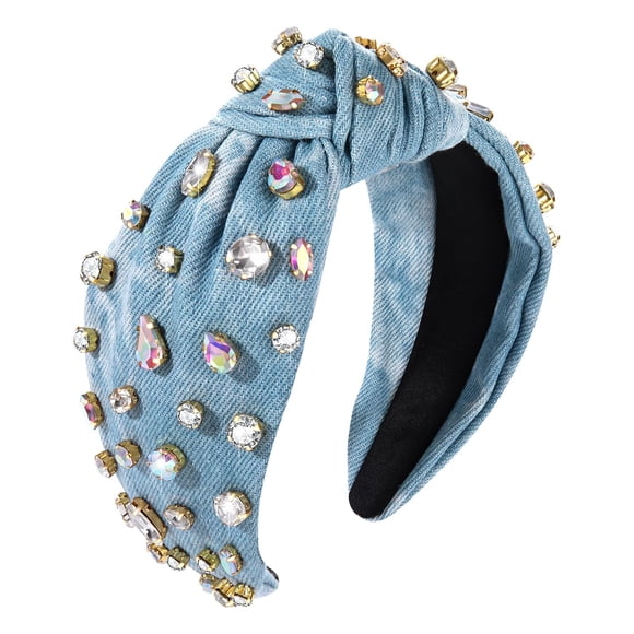 Diadema anudada con diamantes de imitación para mujer, diadema con nudo superior adornada con diamantes de imitación brillantes, diadema bohemia de torcedura ancha a cuadros, diadema Demin, tocado, di