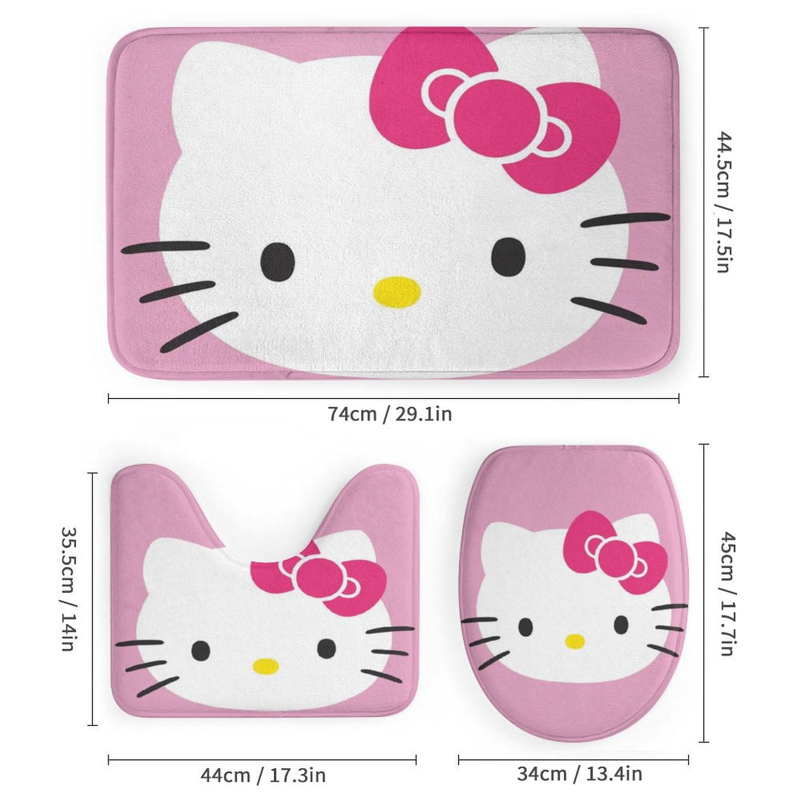 4 Piece Cartoon Hello Kitty Cat Shower Curtain Sets Kawaii Accessories with Non-Slip Rug, Toilet Lid Cover, Bath Mat Shower Curtains Set for Bathroom Decor