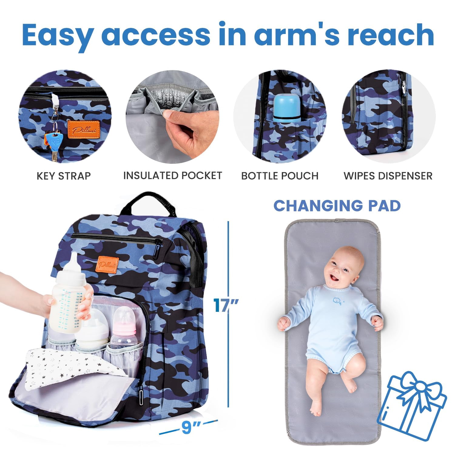 PILLANI Baby Diaper Bag Backpack - Large Bag for Boys & Girls, Waterproof Diaper Backpack - Travel Diaper Bags w/Changing Pad, Baby Registry Search & Shower Gifts - Essentials Must Haves Newborn Stuf