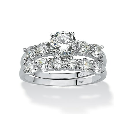 - 2.50 TCW Round Cubic Zirconia Platinum over Sterling Silver Bridal Engagement Ring Wedding Band Set
