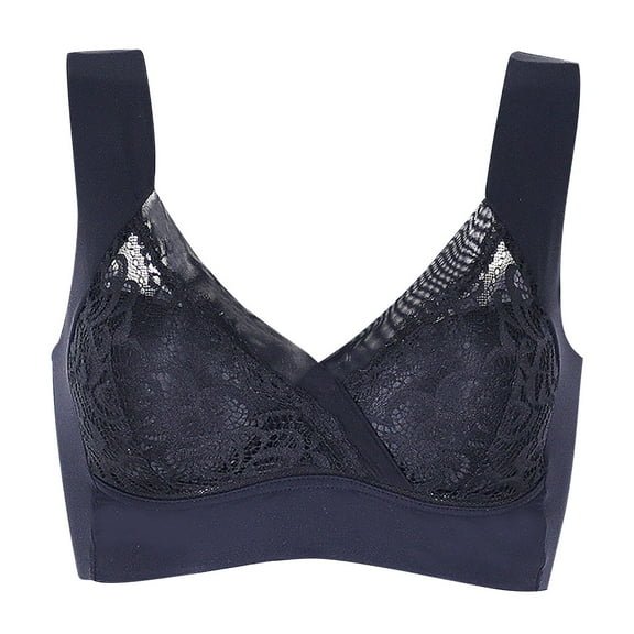 Wirefree Bras for Women Yoga Sports Front Closure Extra-Elastic Breathable Lace Trim Bra Underwear V-Neck Padded Bra Feature Hook and Eye Closure Molded Bra Style Y-280 , Black L4