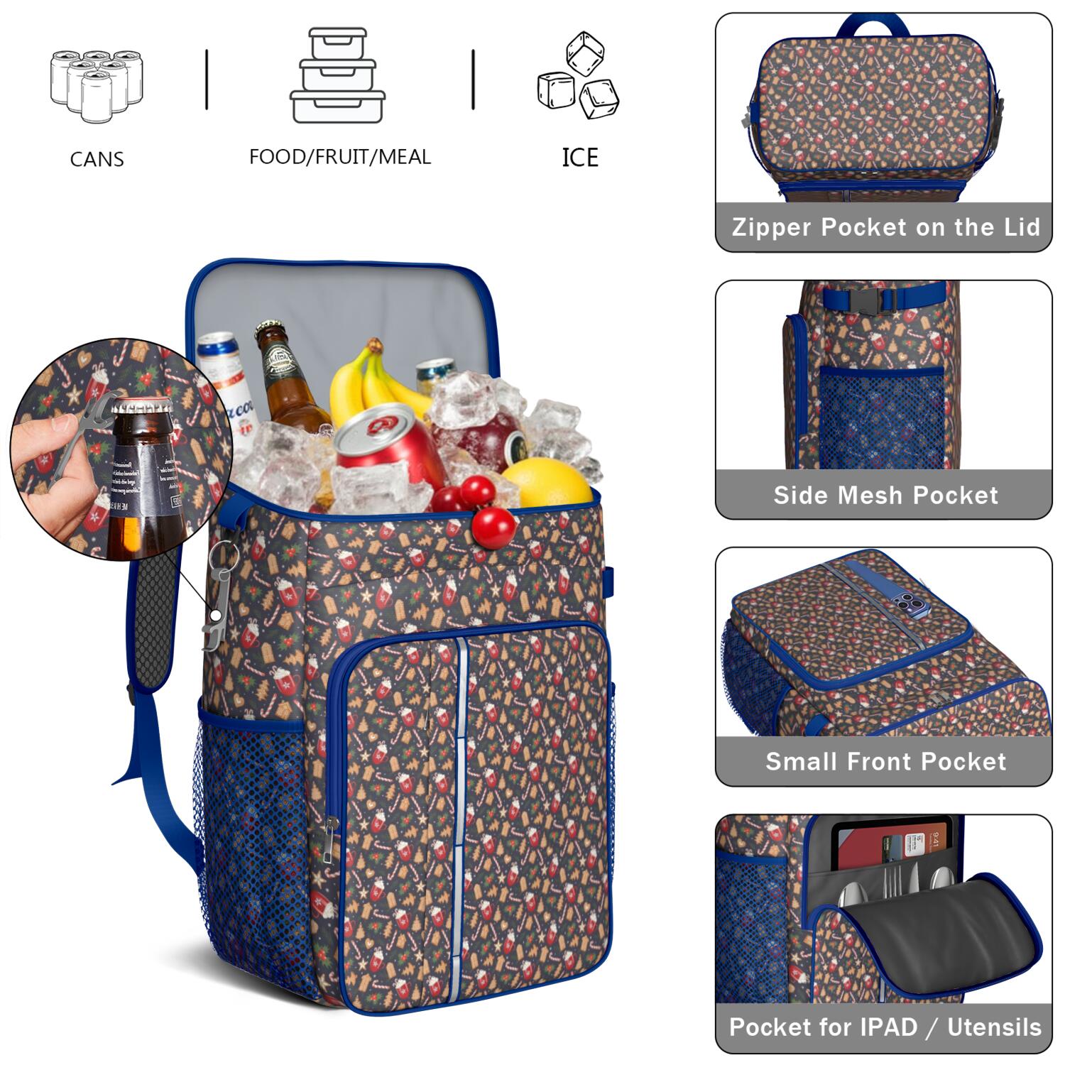 Travel Cooler Bag - Dark Christmas Drink and Cookie Pattern Camping Beer Cooler Backpack with Bottle Opener- Waterproof Insulated Picnic Backpacks - Cooler Bag for Beach