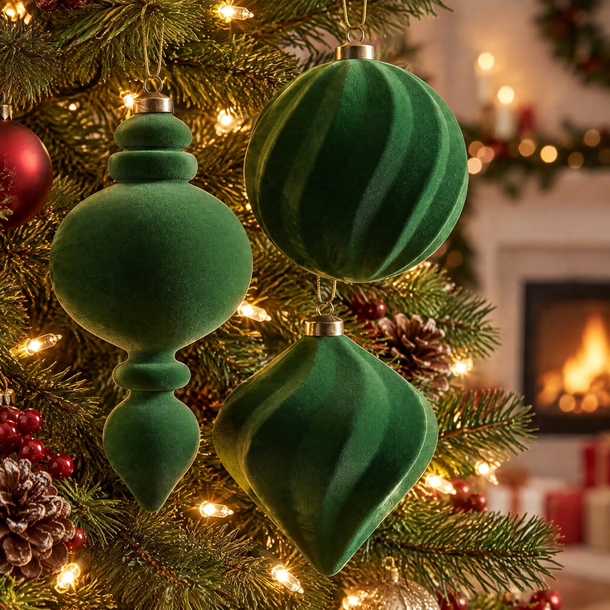 My Texas House 3-Count Green Velvet-Feel Shatterproof Christmas Ornaments
