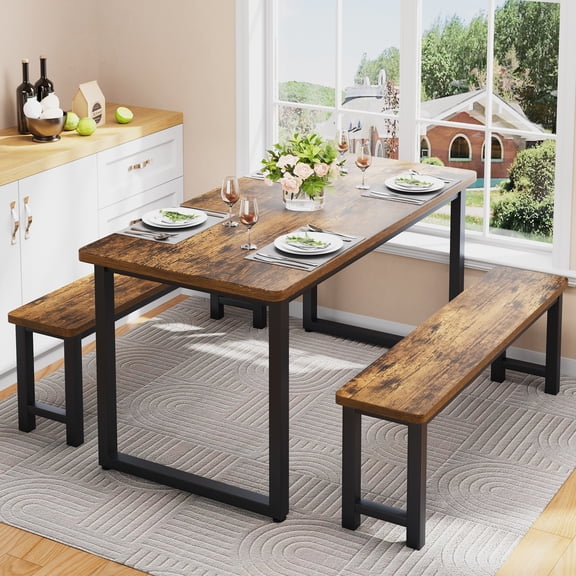 PORKISS Kitchen Table with 2 Benches,3 Piece Dining Table Set, Dining Table with Metal Frame Dining Room Furniture, Rustic Brown & Black