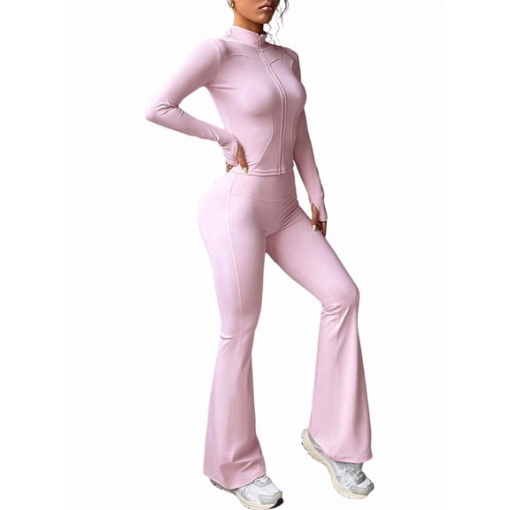 Women'S Y2K Athletic Yoga Pants Long Sleeve Jacket Two Piece Set Streetwear Casual Outfit Pink S