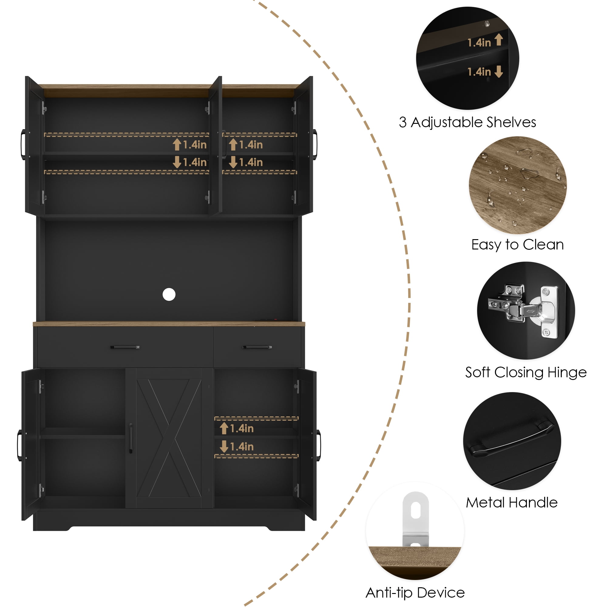 Homfa 71" Kitchen Pantry with Charging Station, Freestanding Cupboard with Adjustable Shelves, Floor Cabinet for Dining Room, Black