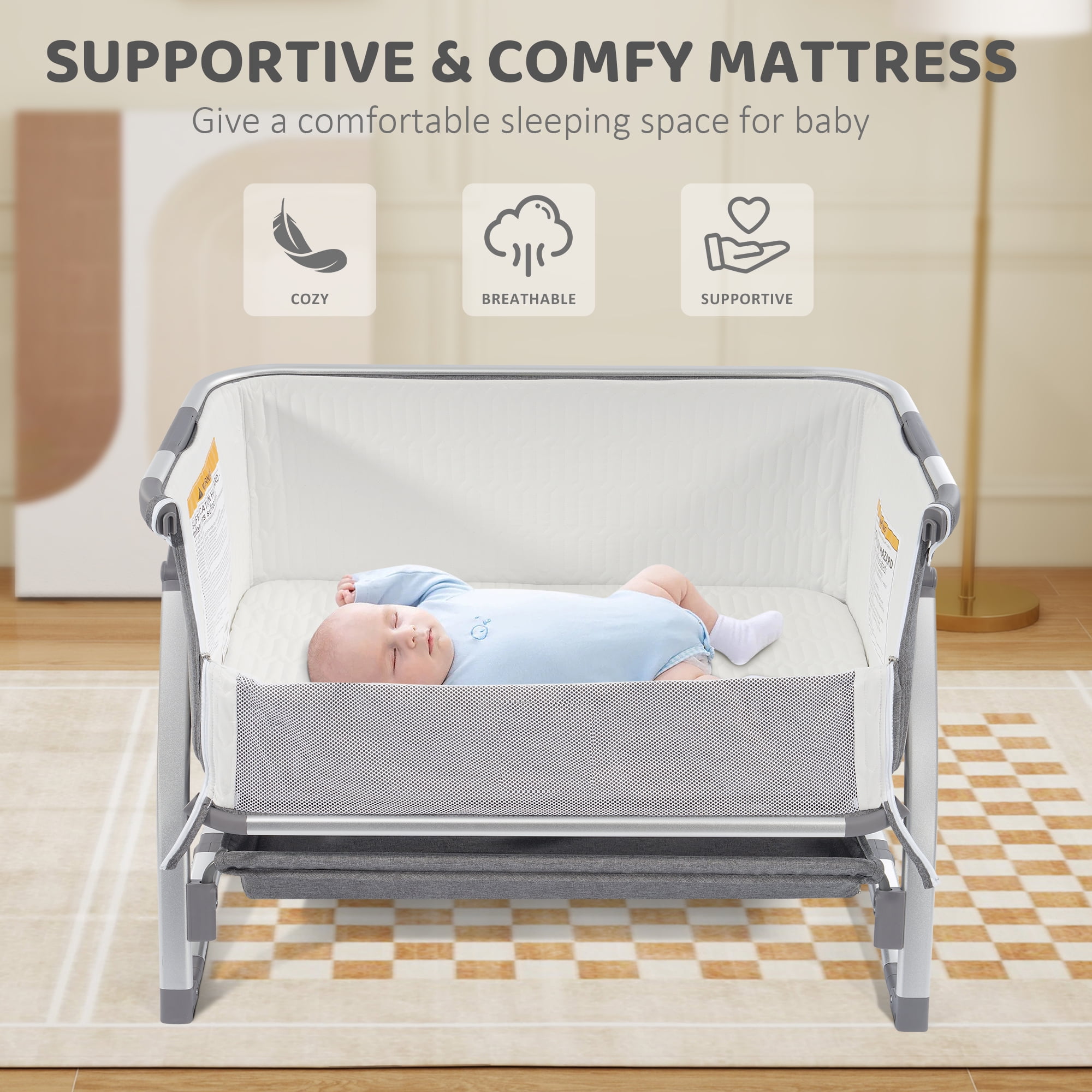 Signature Fitness Baby Cradle with Aluminum Frame and Cotton-Linen Fabric, Gray, Portable and Comfortable Infant Rocking Bassinet