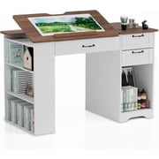 Drafting Table with Storage Cabinet & Drawers, Adjustable Drawing Table with Open Shelves, Craft Art Desk for Artists, Painters, Drawing, Crafting, Reading, Writing, Working