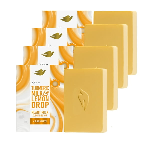 Dove Plant Milk Cleansing Bar Soap Turmeric Milk & Lemon Drop Glow Booster 4 Count for Moisturized Skin Gentle Cleanser, No Sulfate Cleansers or Parabens, 98% Biodegradable Formula 5 o