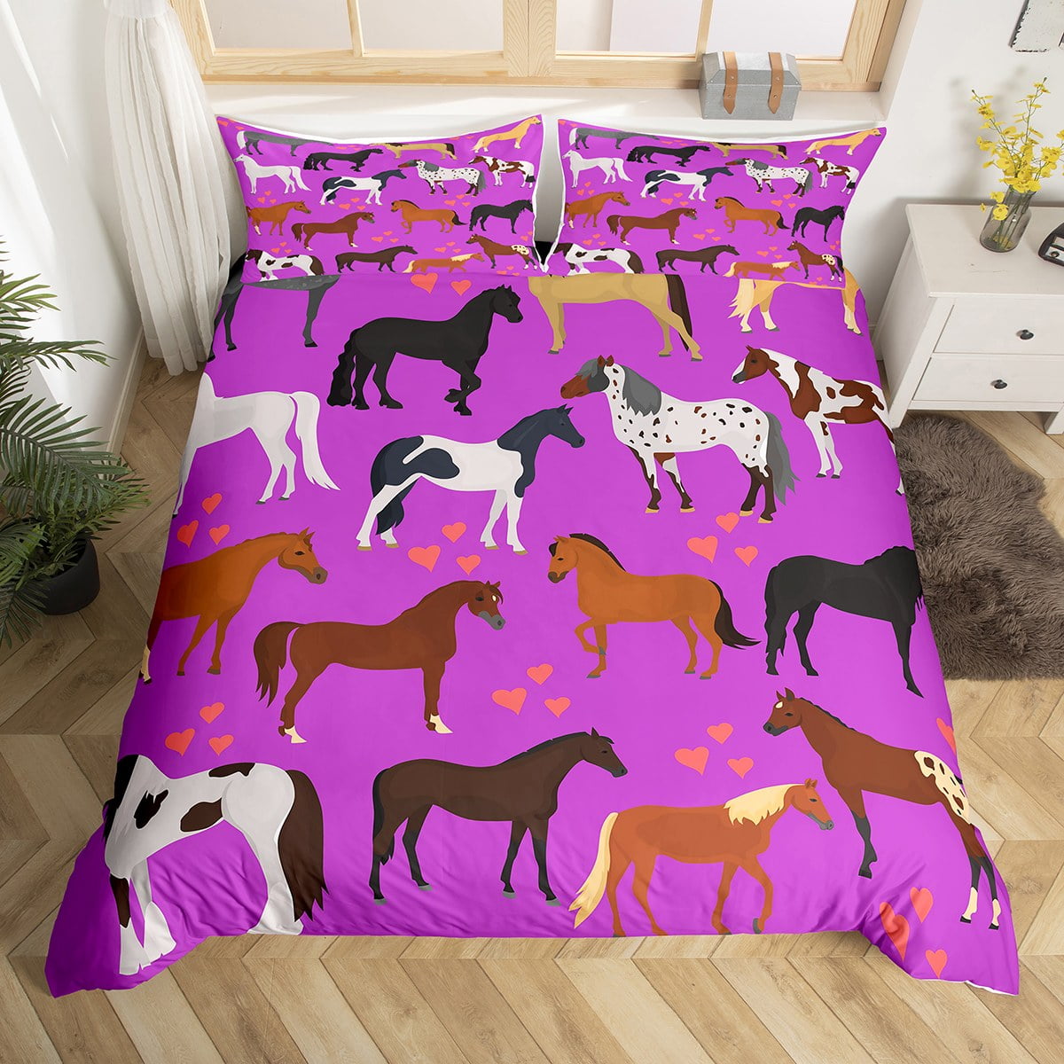 YST Girls Horse Duvet Cover Queen Love Pattern Bedding Set For Women