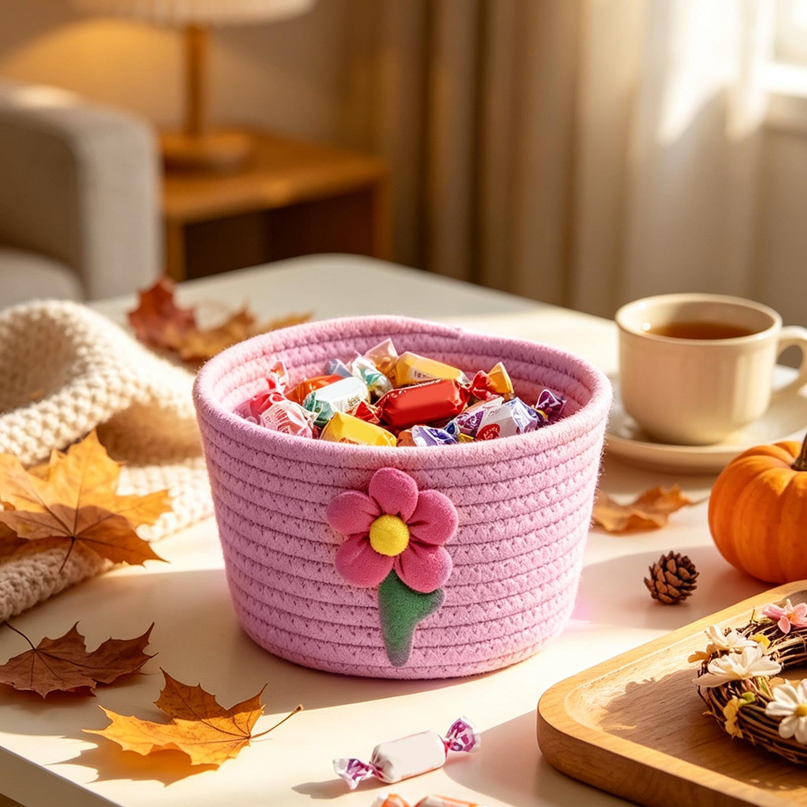 Mini Floral Storage Basket Desktop Organizer for Holiday Sweets Small Household Items Bedroom Counter Decor Stackable Storage Bin Organizer Home