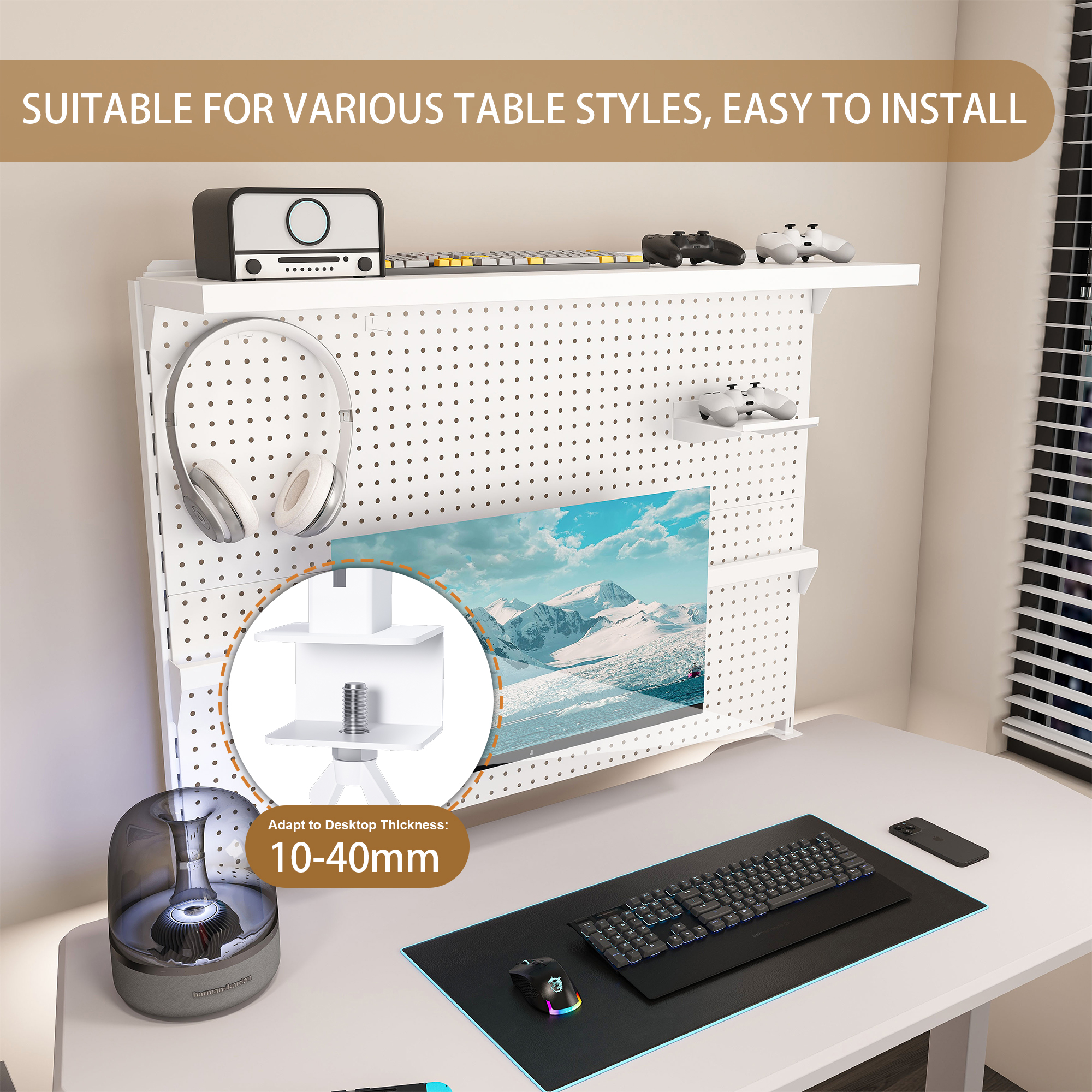 Montary Gaming & Office Desk Organizer with Dual Monitor Stand, 43x35" Metal Pegboard Privacy Panel, White