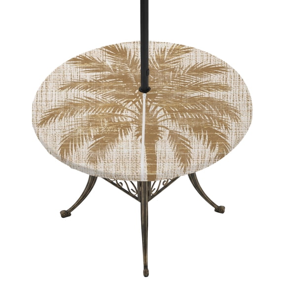 Outdoor Tablecloth with Umbrella Hole and Zipper Tropical Palm Tree Round Fitted Table Cover with Elastic Waterproof Beige Solid Color Linen Patio Tablecloths for Picnic BBQS Garden Fit 55"-60"