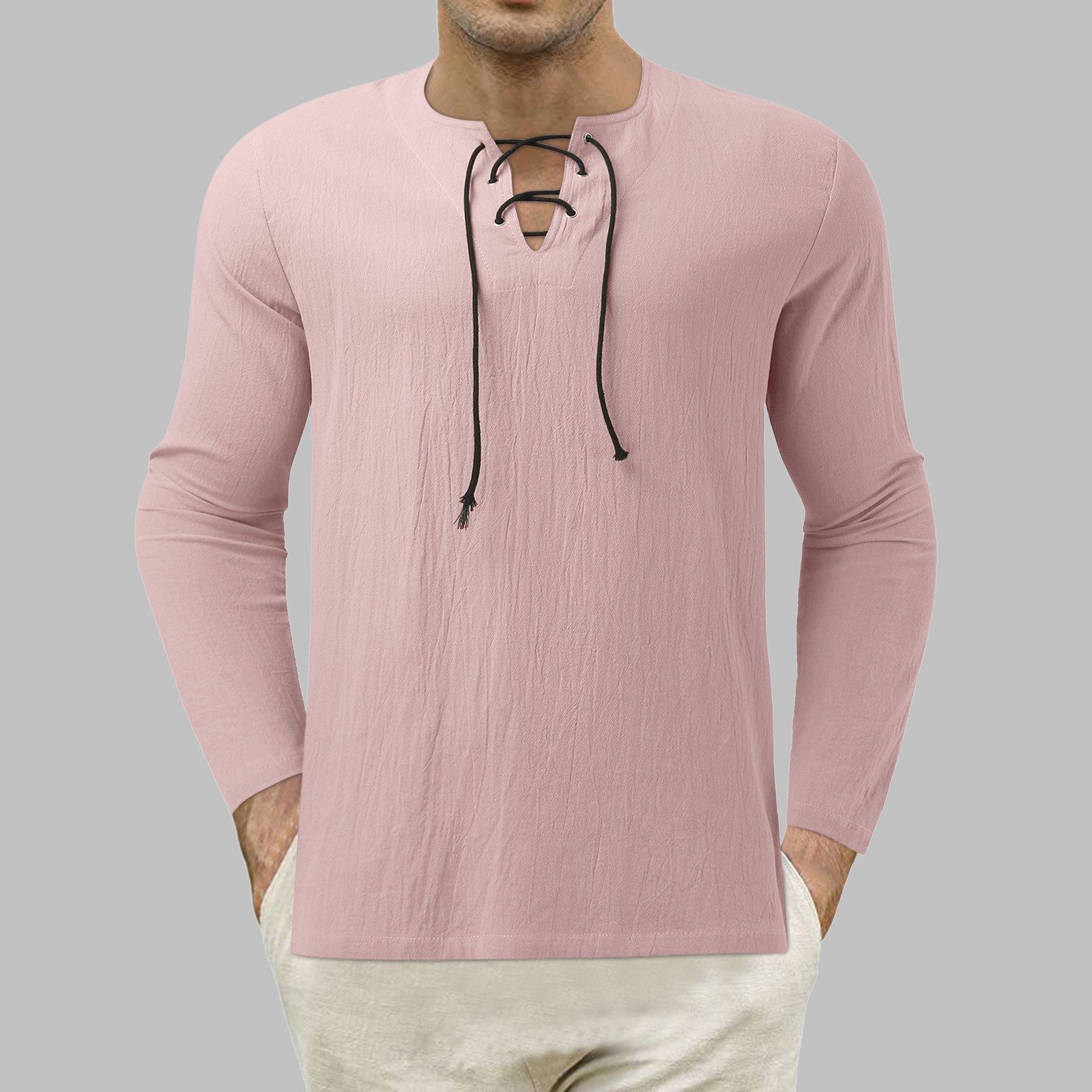 pink collarless shirt
