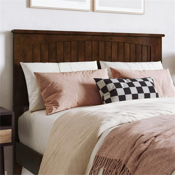 Maklaine Full Coastal Solid Wood Panel Headboard in Walnut Finish
