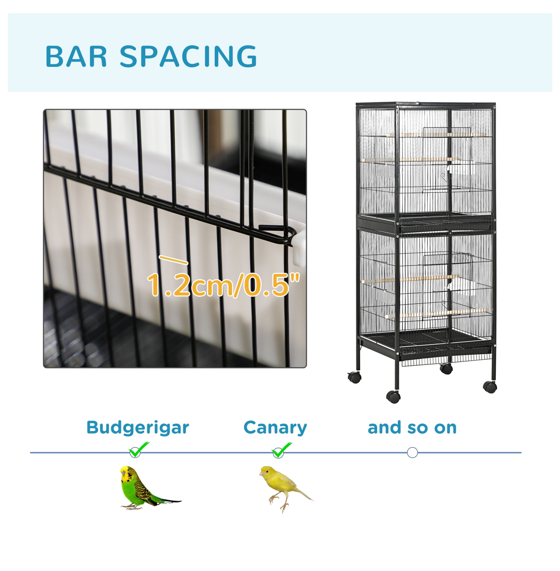 Large Bird Cage 55" with Wide 1.7ft Wingspan, Multi-Door Aviary for Canary, Finch, Conure - Black