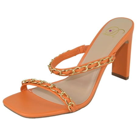 Delicious Shoes Women Block High Heel Sandals Gold Chain Band Square Toe FENN-S Orange 10