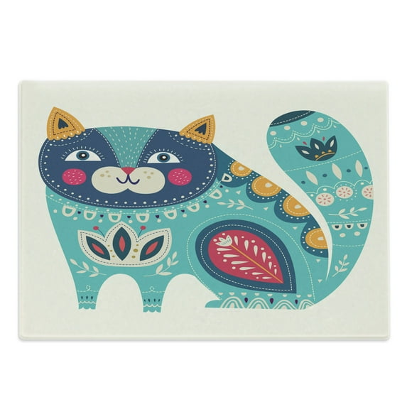 Animal Cutting Board, Smiling Cat with Colorful Paisley Motif Style Art Pet Lover Theme, Decorative Tempered Glass Cutting and Serving Board, Large Size, Multicolor, by Ambesonne