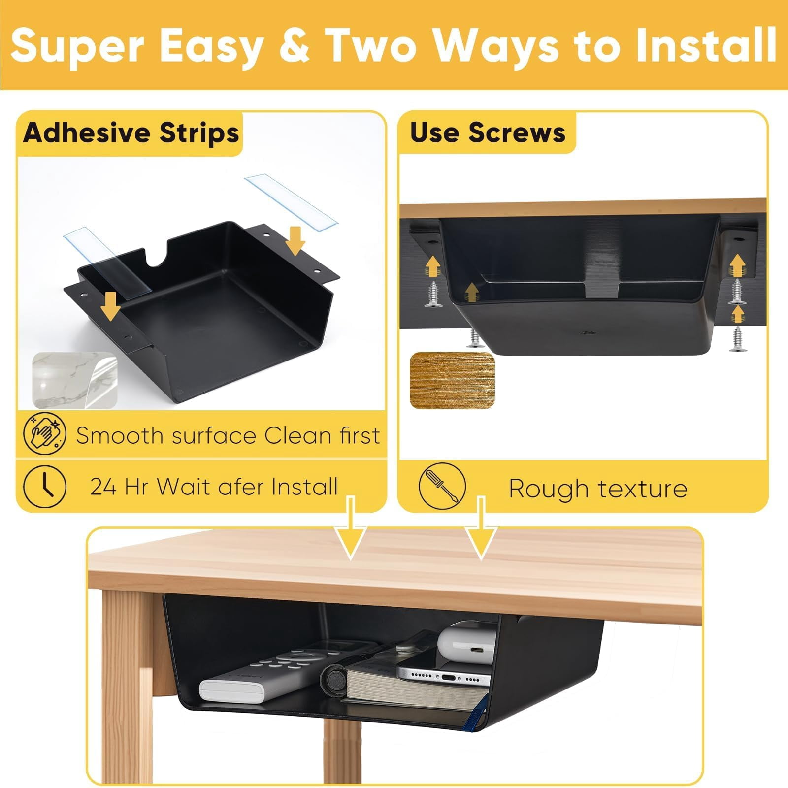 2 Pack Under Desk Hanging Shelf Drawer Organizer  Attachable Plastic Storage Tray Easy Adhesive Mount Holder For Standing Tables Office Counters Cabinets Workstations - Black