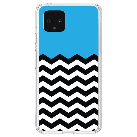 DistinctInk Clear Shockproof Hybrid Case for Google Pixel 4 (5.7" Screen) - TPU Bumper, Acrylic Back, Tempered Glass Screen Protector - Black White Cyan Blue Chevron - Black & White Stripes Pattern
