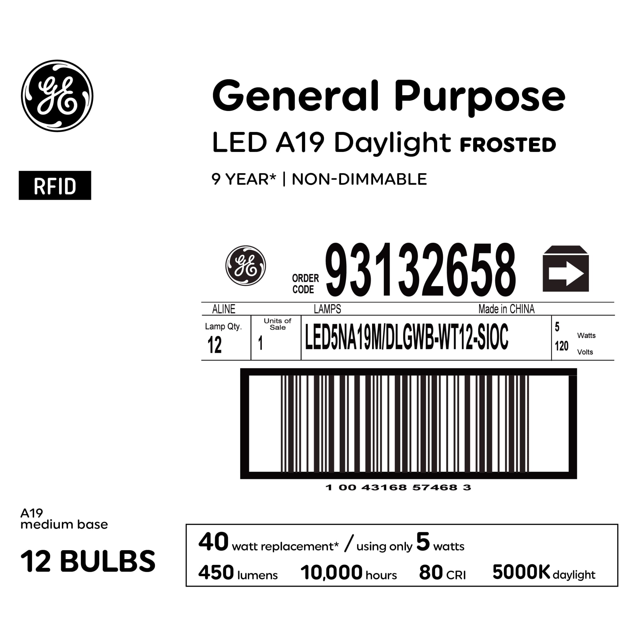 GE General Purpose LED 40 Watt Replacement, Daylight, A19 Frosted Bulbs (12 Pack)