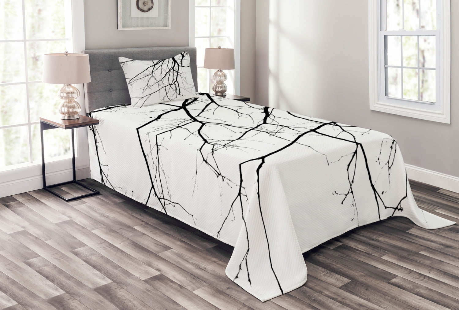 Black and White Bedspread Set Twin Size, Macro Leafless Winter Tree