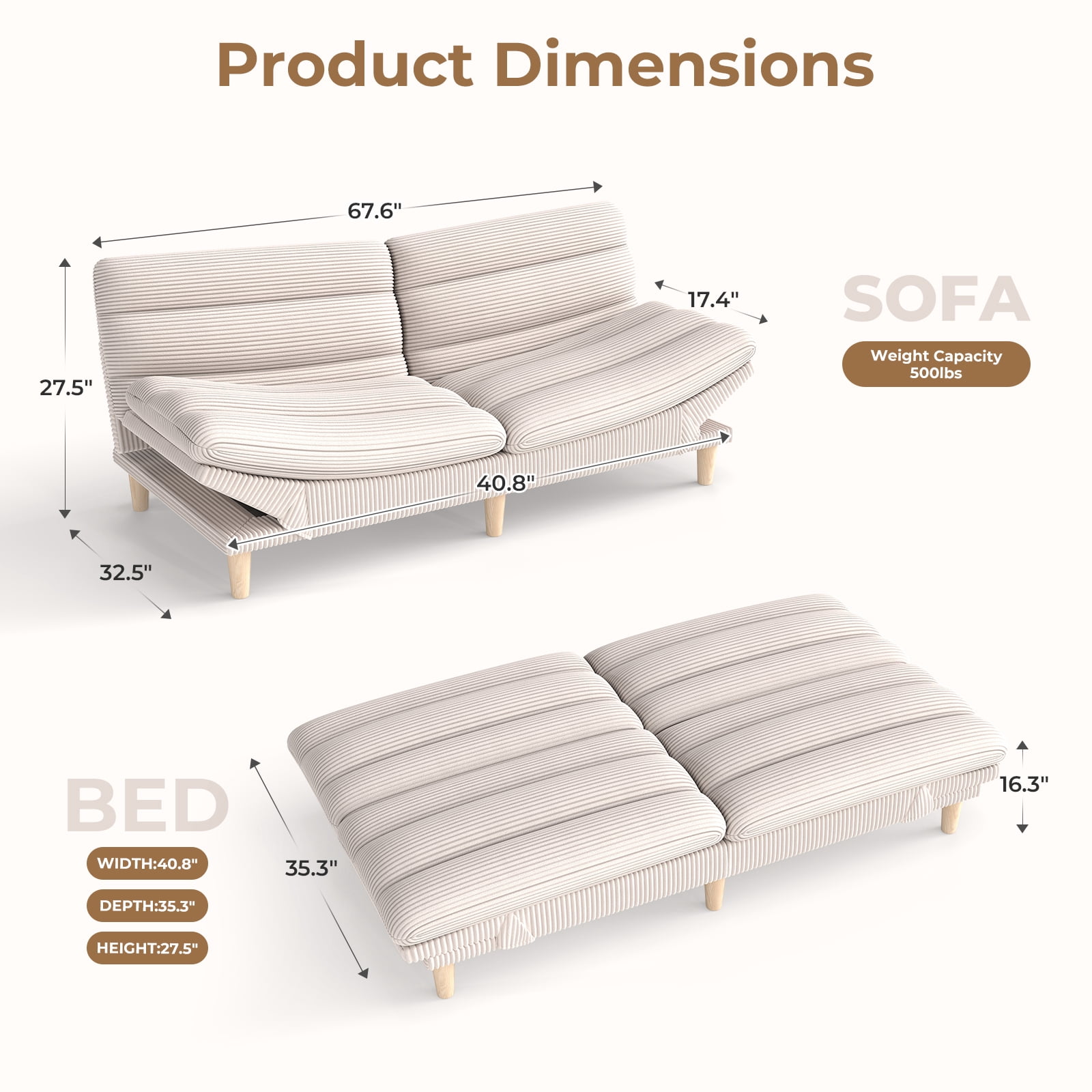 Ebello Convertible Futon Sofa Bed, Fabric with 3-Position Reclining Backrest and Adjustable Armrests for Living Room Apartment Office, Beige