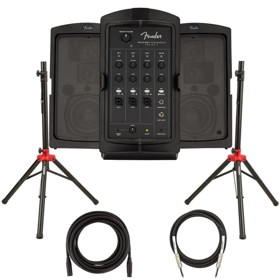 Fender Passport Conference S2 Portable PA System Bundle with Compact Speaker Stands, XLR Cable, and Instrument Cable