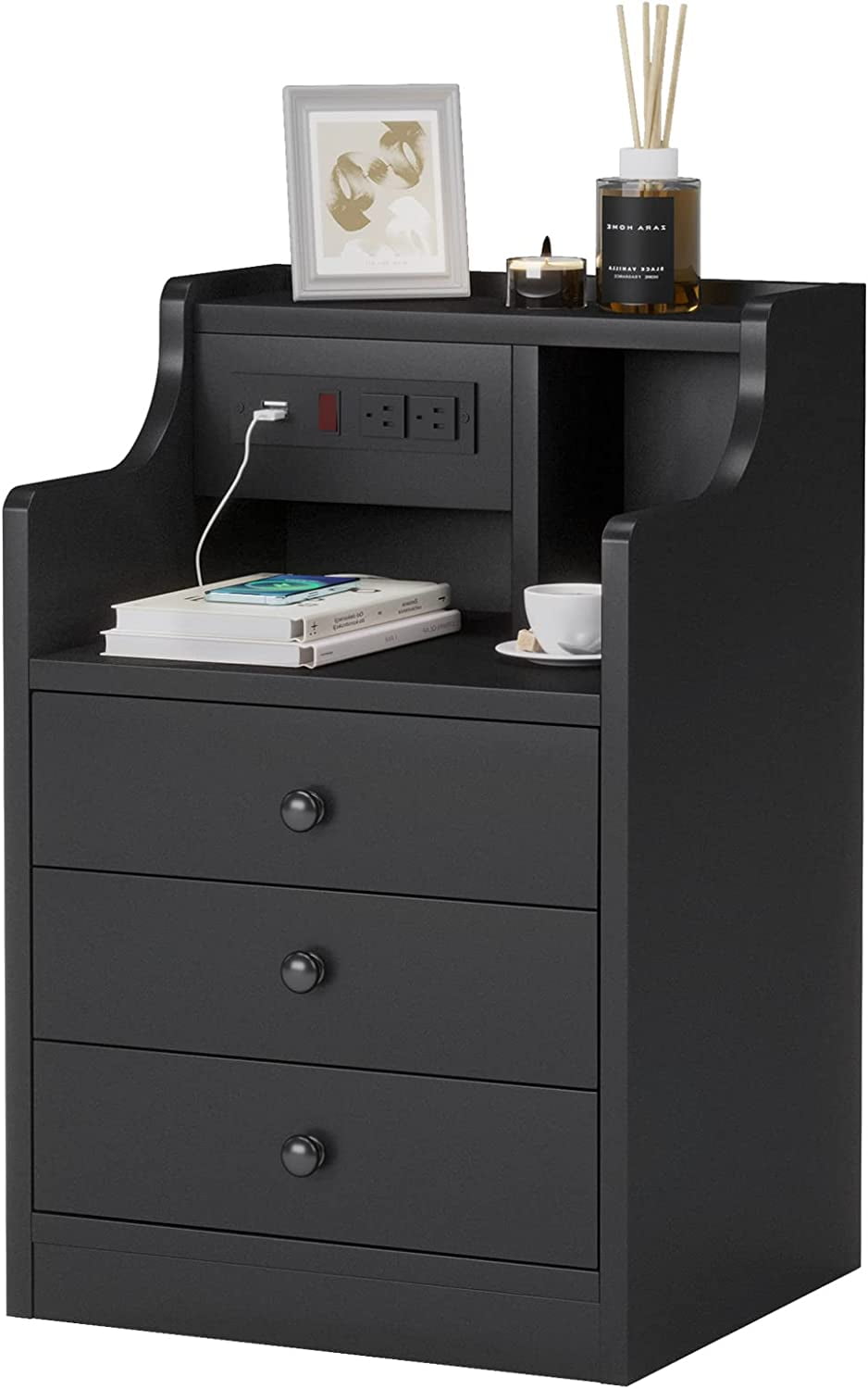 Adorneve Black Nightstand with Charging Station 3 Drawers, Bedside