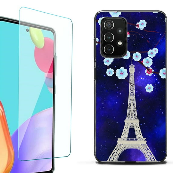 Slim-Fit Flexible TPU Gel Phone Case (black) for Samsung Galaxy A52 5G, with Tempered Glass Screen Protector, by OneToughShield ® - Eiffel Tower Stars